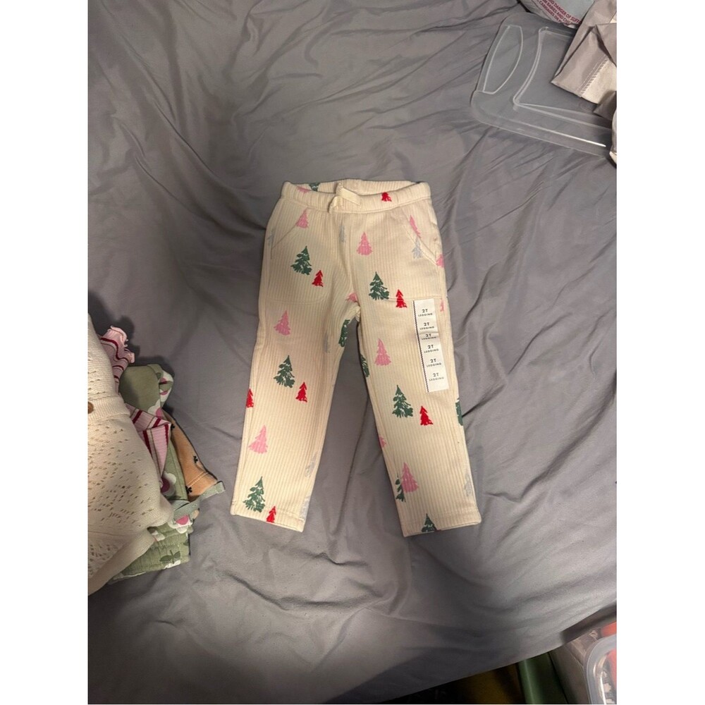 Cat and Jack Kids Cream Ribbed Pajama Leggings with Pink & Green Tree Print - Picture 2 of 2